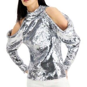 INC International Concepts Top Sequined Silver Cold Shoulder Scarf Neck Large